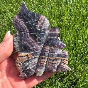 Hand-Carved Butterfly Fluorite Stone Sculpture - Purple and Tan Striations
